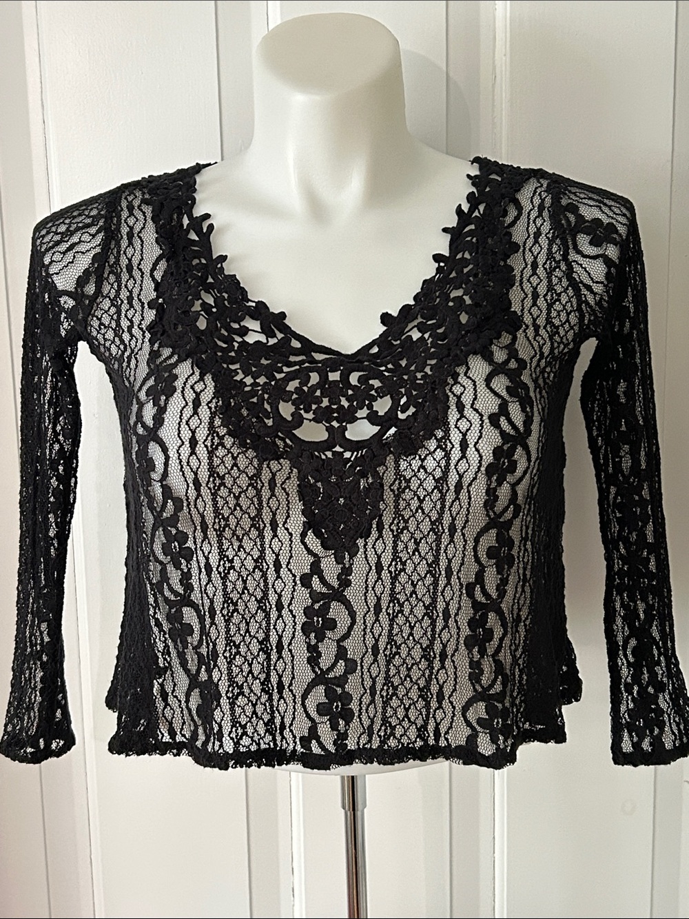 Hollister Black sheer Lace babydoll Crochet cropped stretchy oversized sexy top